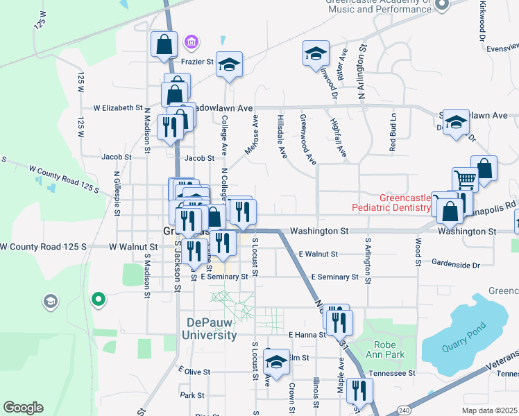 map of restaurants, bars, coffee shops, grocery stores, and more near 401 East Franklin Street in Greencastle
