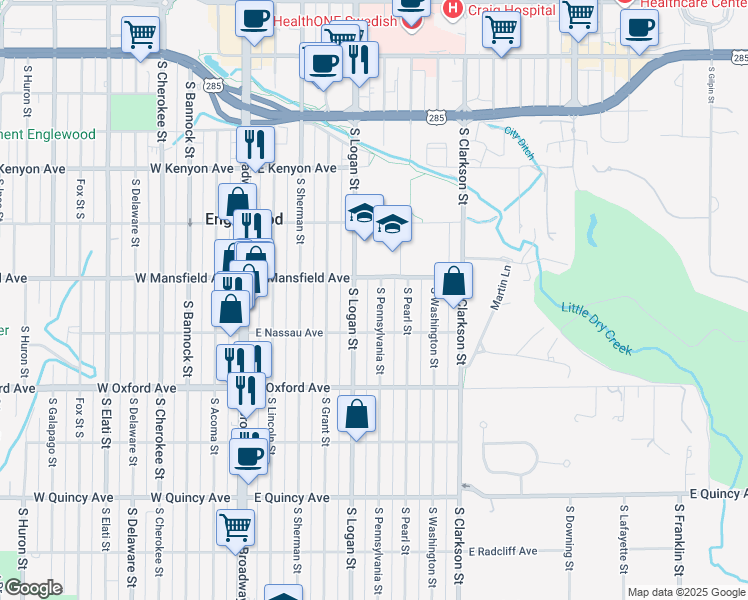 map of restaurants, bars, coffee shops, grocery stores, and more near 3935 South Pennsylvania Street in Englewood