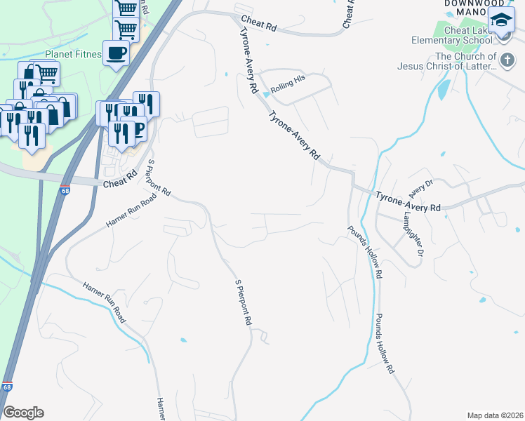 map of restaurants, bars, coffee shops, grocery stores, and more near 411-499 Arabela Court in Morgantown