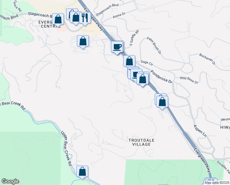 map of restaurants, bars, coffee shops, grocery stores, and more near 4021 Palo Verde Road in Evergreen