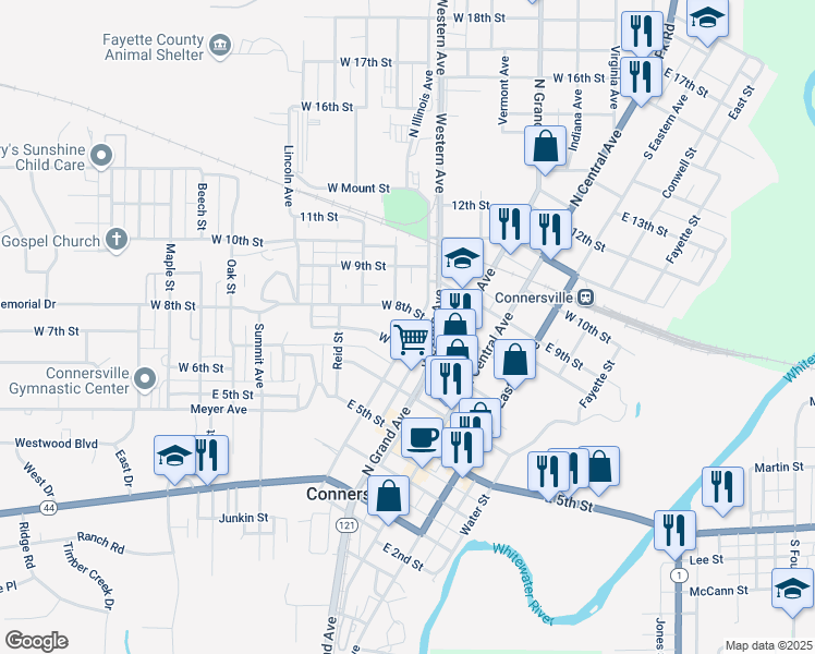 map of restaurants, bars, coffee shops, grocery stores, and more near 719 Western Avenue West in Connersville