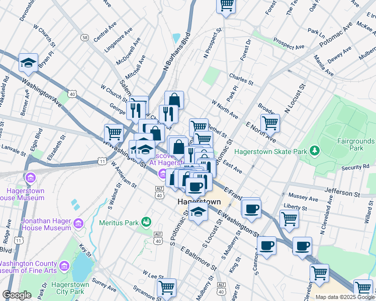 map of restaurants, bars, coffee shops, grocery stores, and more near 136 Jonathan Street in Hagerstown