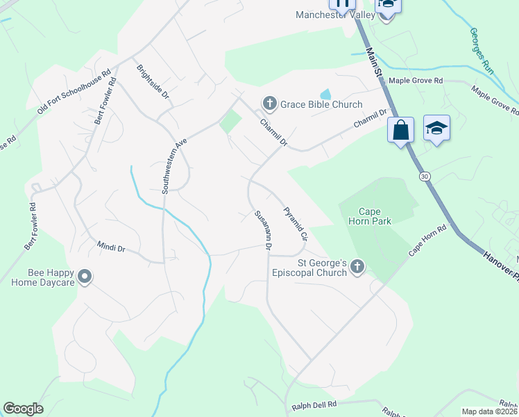 map of restaurants, bars, coffee shops, grocery stores, and more near 2599 Susanann Drive in Manchester