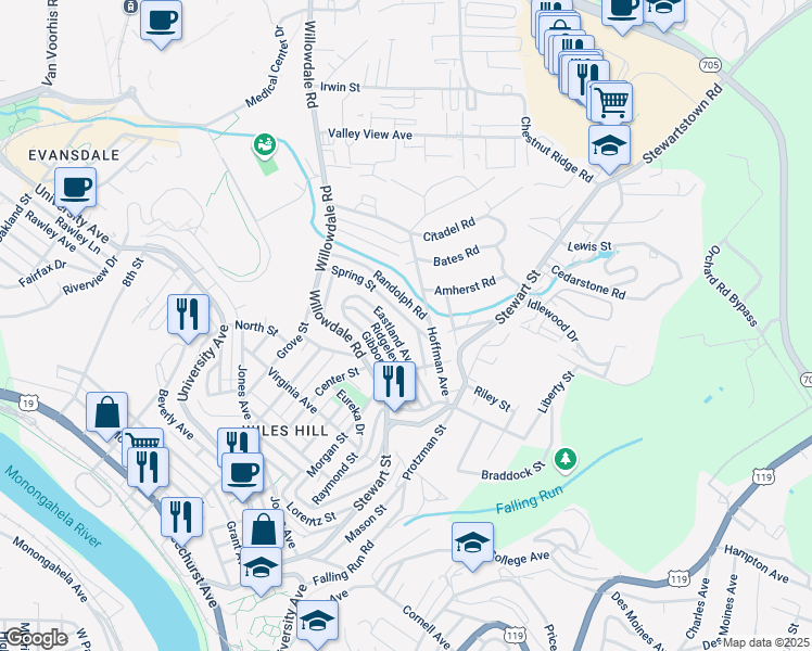 map of restaurants, bars, coffee shops, grocery stores, and more near 280 Eastland Avenue in Morgantown