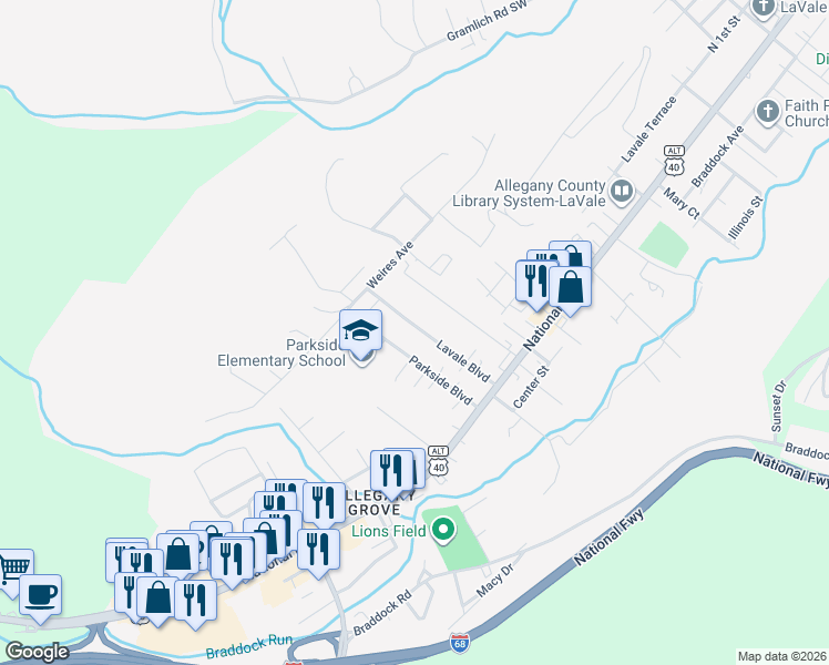 map of restaurants, bars, coffee shops, grocery stores, and more near 74 Lavale Boulevard in La Vale