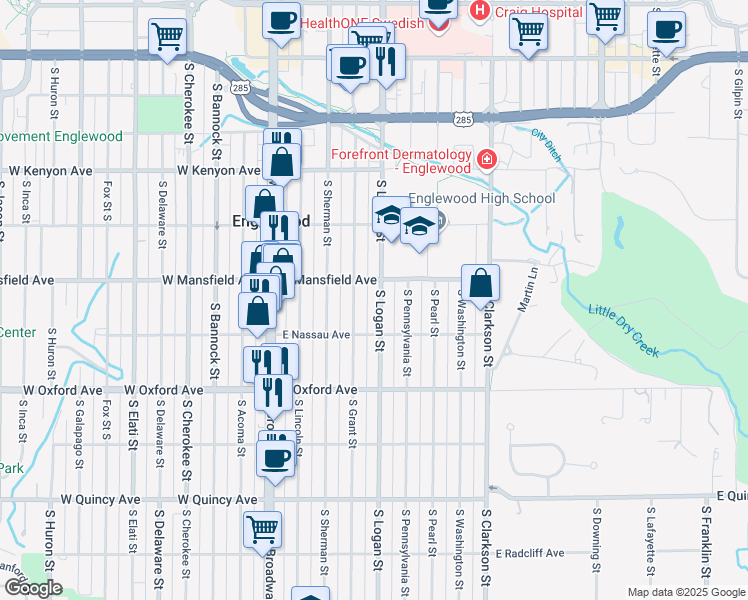 map of restaurants, bars, coffee shops, grocery stores, and more near 3935 South Logan Street in Englewood