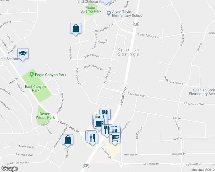 map of restaurants, bars, coffee shops, grocery stores, and more near 65 West Sky Ranch Boulevard in Sparks