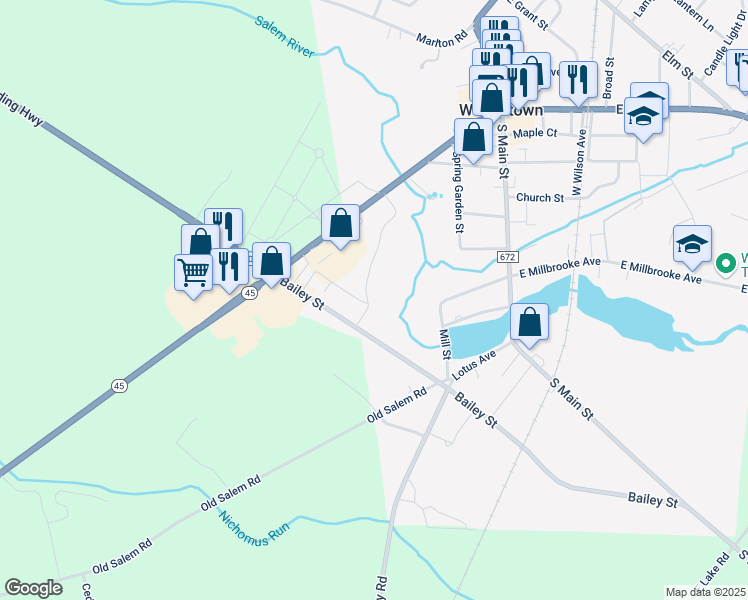 map of restaurants, bars, coffee shops, grocery stores, and more near 1202 Hillcrest Drive in Woodstown