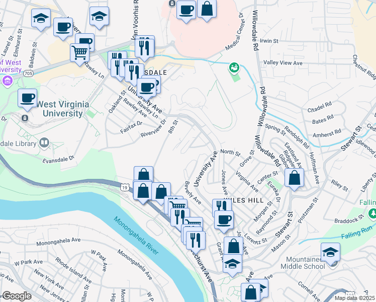 map of restaurants, bars, coffee shops, grocery stores, and more near 362 Dillie Street in Morgantown