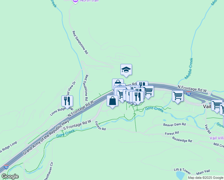 map of restaurants, bars, coffee shops, grocery stores, and more near 635 Interstate 70 Frontage Road in Vail