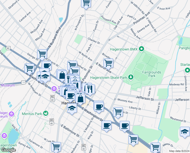 map of restaurants, bars, coffee shops, grocery stores, and more near 35 Randolph Avenue in Hagerstown