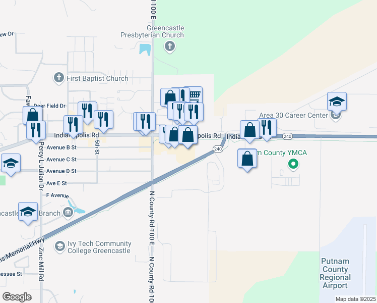 map of restaurants, bars, coffee shops, grocery stores, and more near 1360 Indianapolis Road in Greencastle