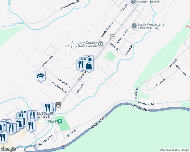 map of restaurants, bars, coffee shops, grocery stores, and more near 13 South Woodlawn Avenue in La Vale