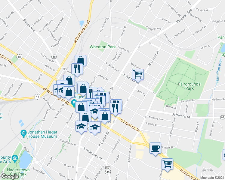 map of restaurants, bars, coffee shops, grocery stores, and more near 228 North Potomac Street in Hagerstown