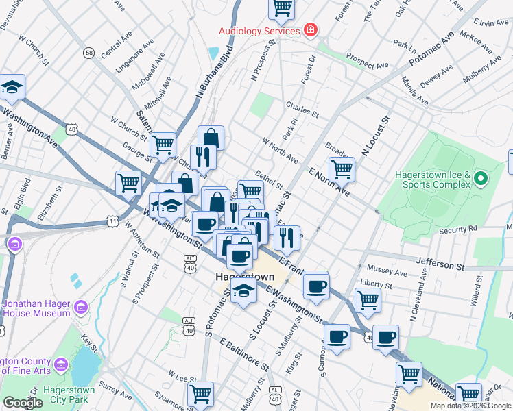 map of restaurants, bars, coffee shops, grocery stores, and more near 32 West Church Street in Hagerstown