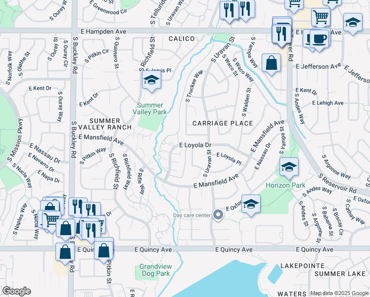 map of restaurants, bars, coffee shops, grocery stores, and more near 3845 South Truckee Way in Aurora