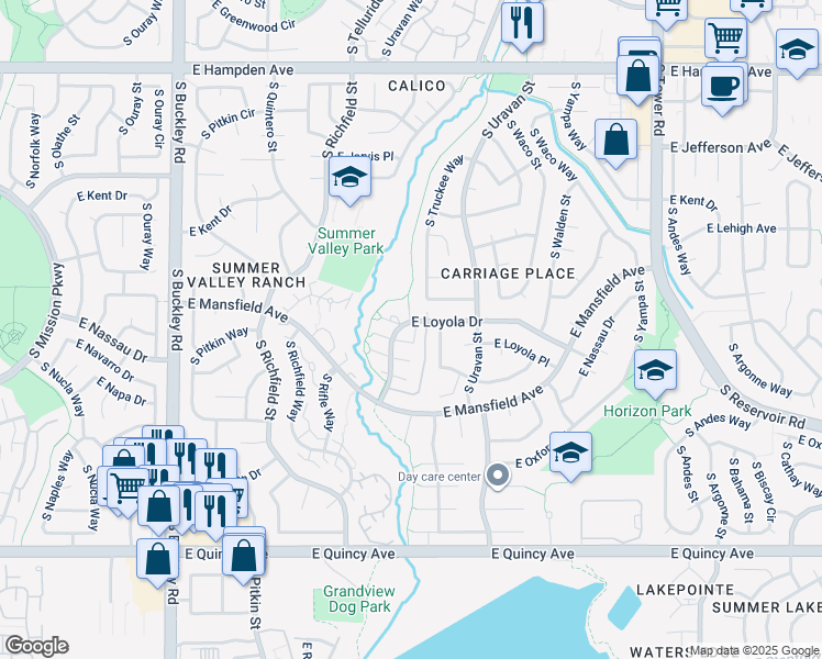 map of restaurants, bars, coffee shops, grocery stores, and more near 17674 East Loyola Drive in Aurora