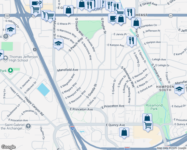 map of restaurants, bars, coffee shops, grocery stores, and more near 3945 South Oneida Street in Denver