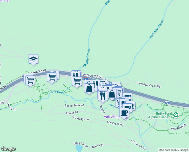 map of restaurants, bars, coffee shops, grocery stores, and more near Grand Army of the Republic Highway in Vail