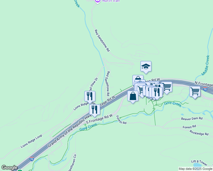 map of restaurants, bars, coffee shops, grocery stores, and more near 896 Red Sandstone Circle in Vail