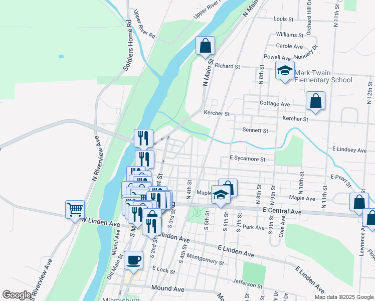 map of restaurants, bars, coffee shops, grocery stores, and more near 317 East Sycamore Street in Franklin
