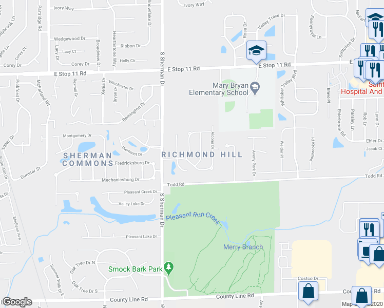 map of restaurants, bars, coffee shops, grocery stores, and more near 8354 Fieldfare Way in Indianapolis