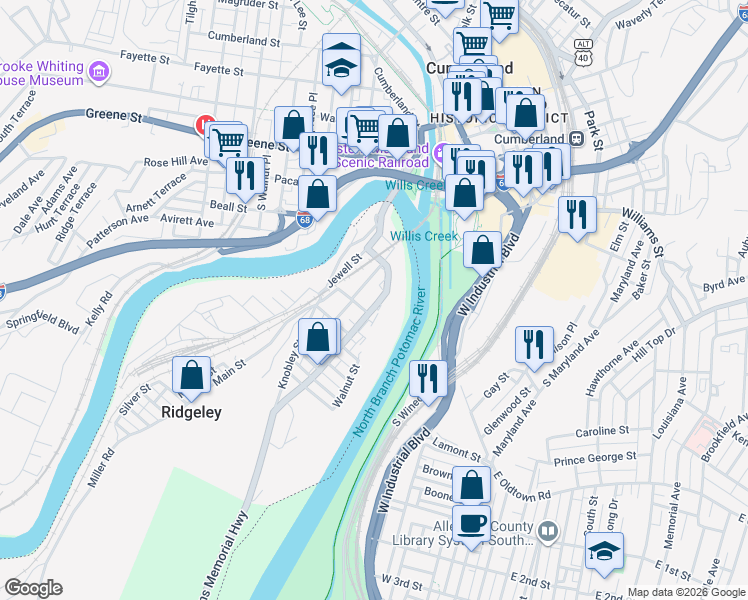 map of restaurants, bars, coffee shops, grocery stores, and more near 7 Potomac Street in Ridgeley
