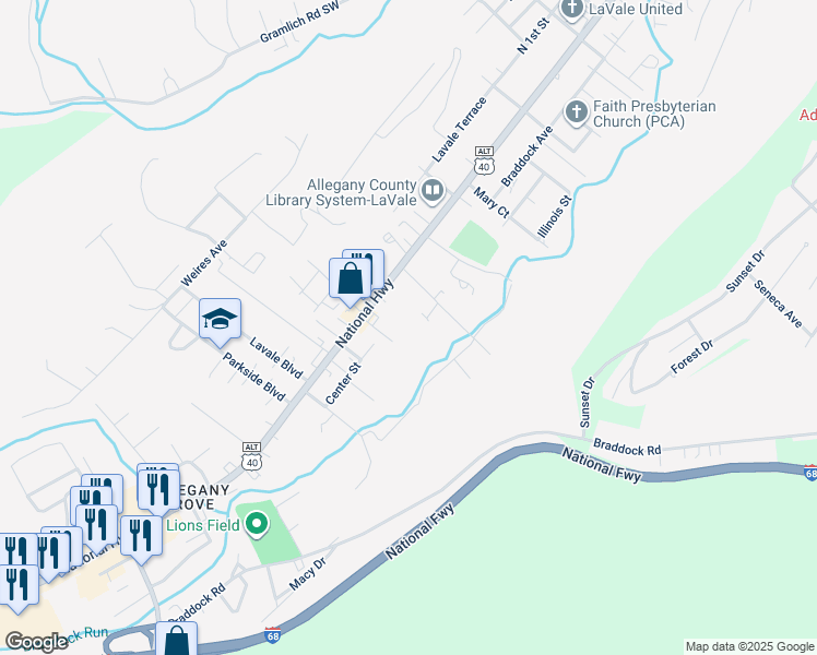 map of restaurants, bars, coffee shops, grocery stores, and more near 13 South Woodlawn Avenue in La Vale