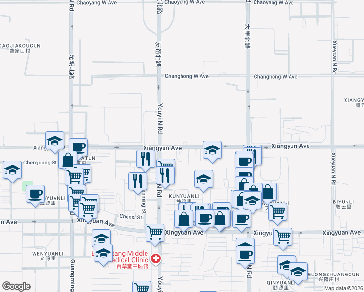 map of restaurants, bars, coffee shops, grocery stores, and more near Xiang Yun Dao in Tang Shan Shi