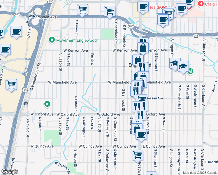 map of restaurants, bars, coffee shops, grocery stores, and more near 3939 South Delaware Street in Englewood
