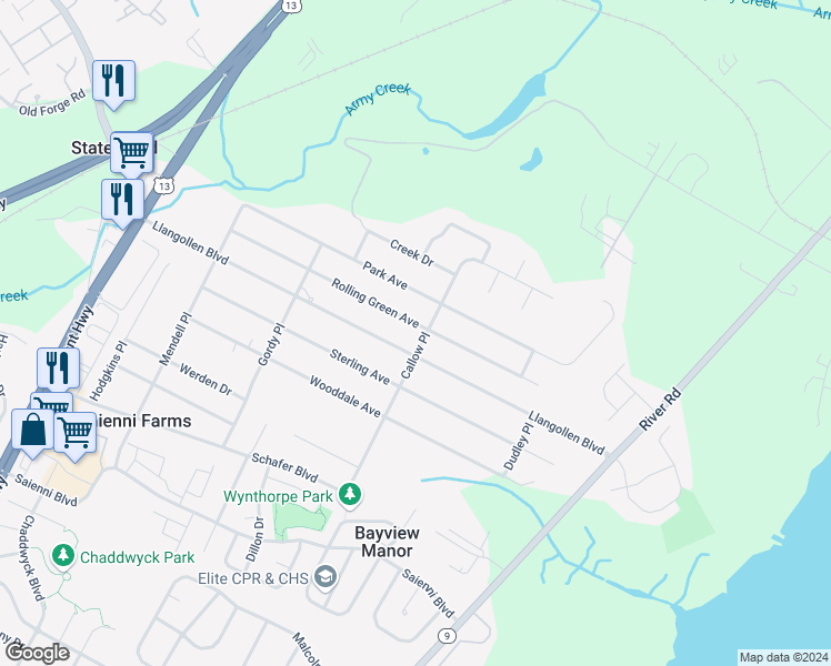 map of restaurants, bars, coffee shops, grocery stores, and more near 318 Rolling Green Avenue in New Castle