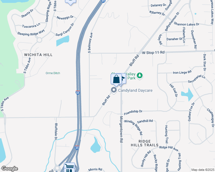 map of restaurants, bars, coffee shops, grocery stores, and more near 8306 Bluff Road in Indianapolis