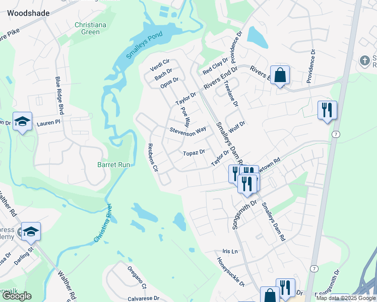 map of restaurants, bars, coffee shops, grocery stores, and more near 5 Topaz Drive in Newark