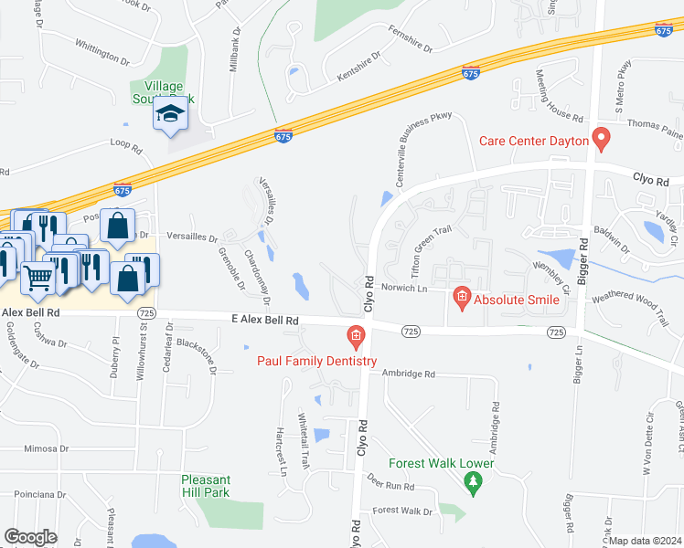 map of restaurants, bars, coffee shops, grocery stores, and more near 919 Great View Circle in Centerville