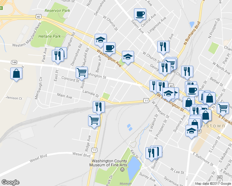 map of restaurants, bars, coffee shops, grocery stores, and more near 49 Elizabeth Street in Hagerstown