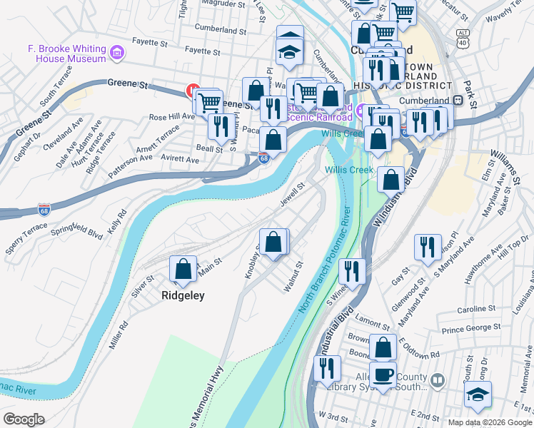 map of restaurants, bars, coffee shops, grocery stores, and more near 28 Knobley Street in Ridgeley