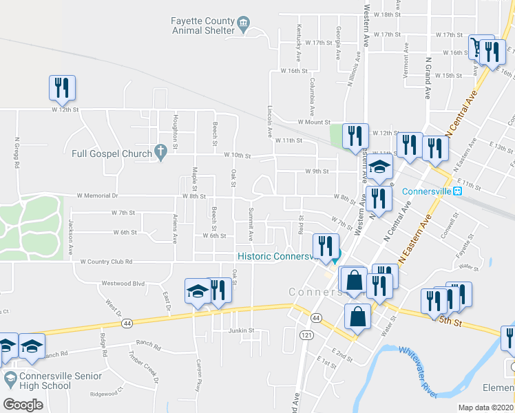 map of restaurants, bars, coffee shops, grocery stores, and more near 853 West 8th Street in Connersville