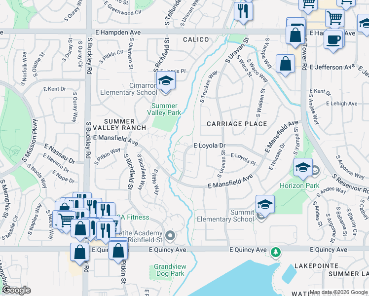 map of restaurants, bars, coffee shops, grocery stores, and more near 17681 East Loyola Drive in Aurora