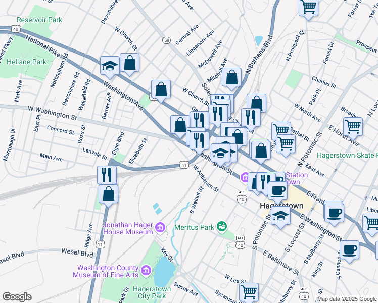 map of restaurants, bars, coffee shops, grocery stores, and more near 418 West Antietam Street in Hagerstown
