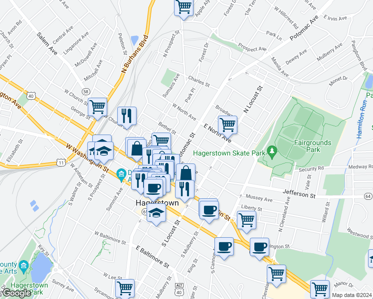 map of restaurants, bars, coffee shops, grocery stores, and more near 232 North Potomac Street in Hagerstown