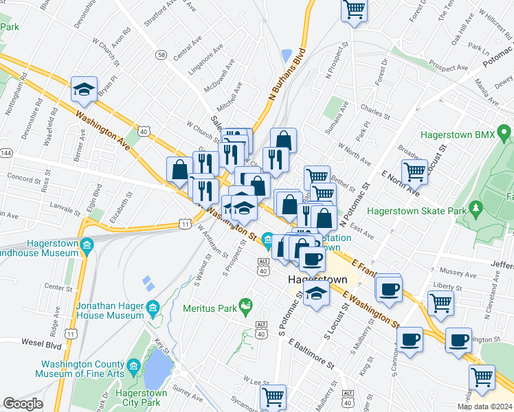 map of restaurants, bars, coffee shops, grocery stores, and more near 211 West Franklin Street in Hagerstown