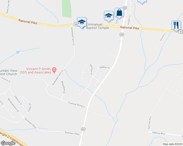 map of restaurants, bars, coffee shops, grocery stores, and more near 12023 Heather Drive in Hagerstown