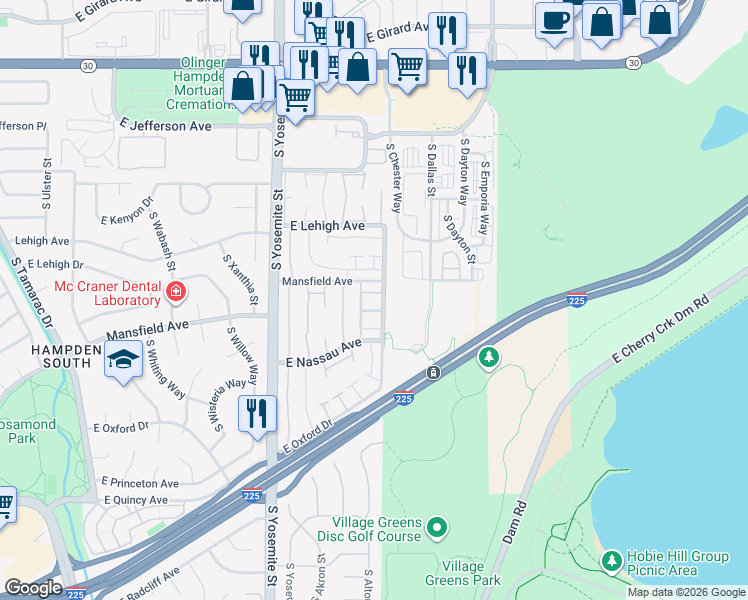 map of restaurants, bars, coffee shops, grocery stores, and more near 3945 South Boston Street in Denver