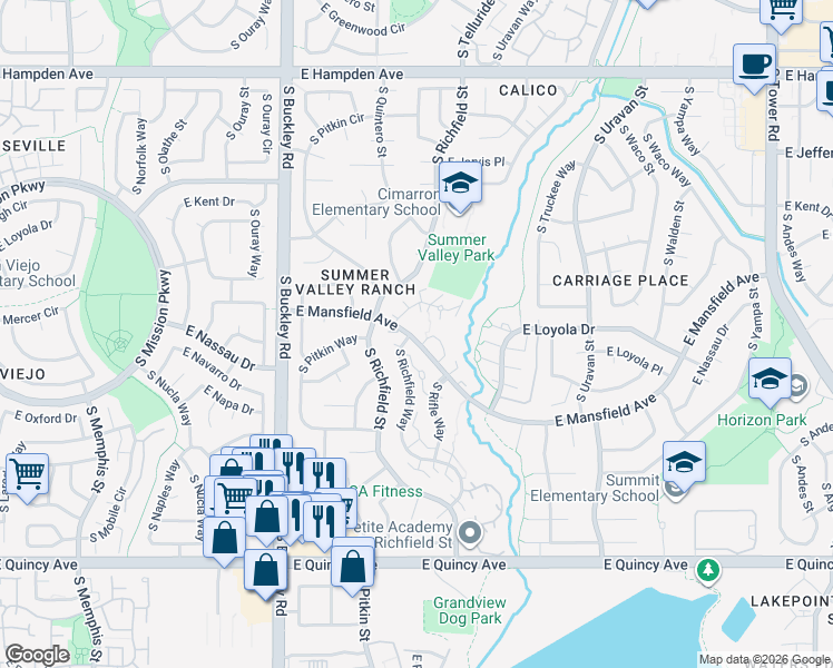 map of restaurants, bars, coffee shops, grocery stores, and more near 17453 East Mansfield Avenue in Aurora