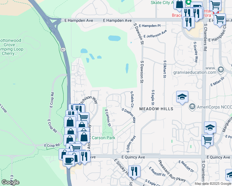 map of restaurants, bars, coffee shops, grocery stores, and more near 3952 South Carson Street in Aurora