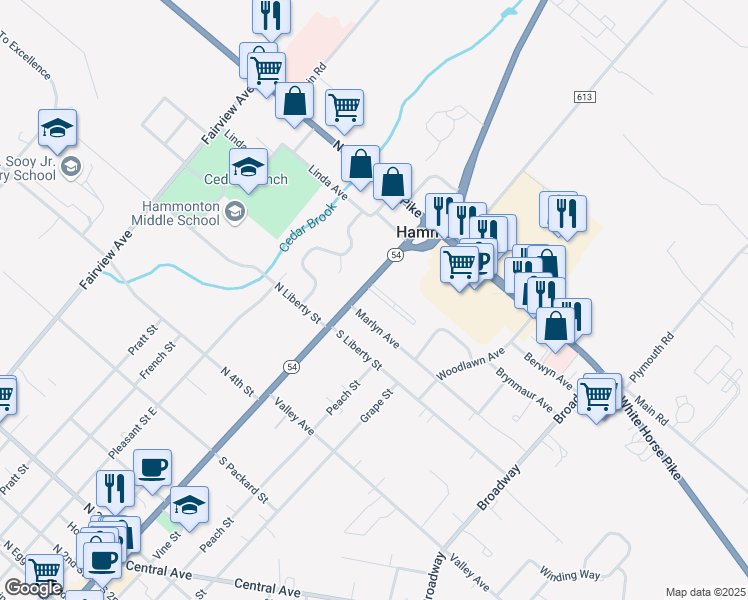 map of restaurants, bars, coffee shops, grocery stores, and more near 17 Marlyn Avenue in Hammonton