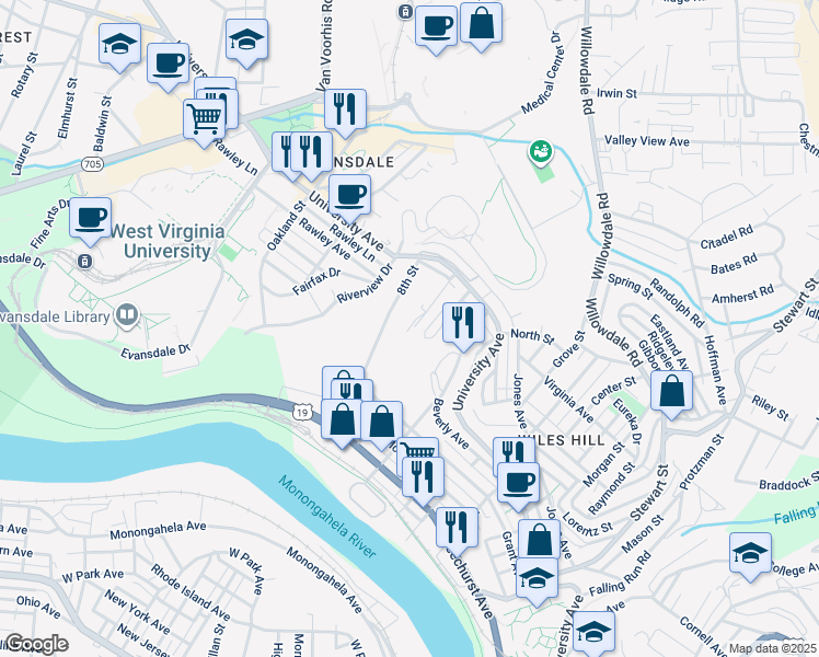 map of restaurants, bars, coffee shops, grocery stores, and more near 349 Gilmore Street in Morgantown