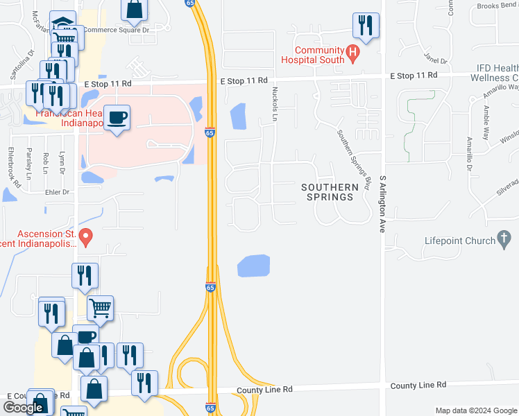 map of restaurants, bars, coffee shops, grocery stores, and more near 8401 Boggs Creek Drive in Indianapolis