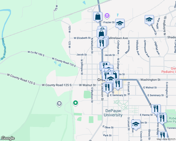 map of restaurants, bars, coffee shops, grocery stores, and more near 101-199 North Jefferson Street in Greencastle