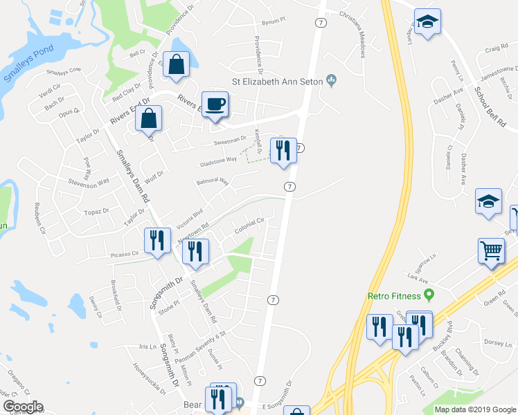 map of restaurants, bars, coffee shops, grocery stores, and more near 98 Schuyler Court in Newark